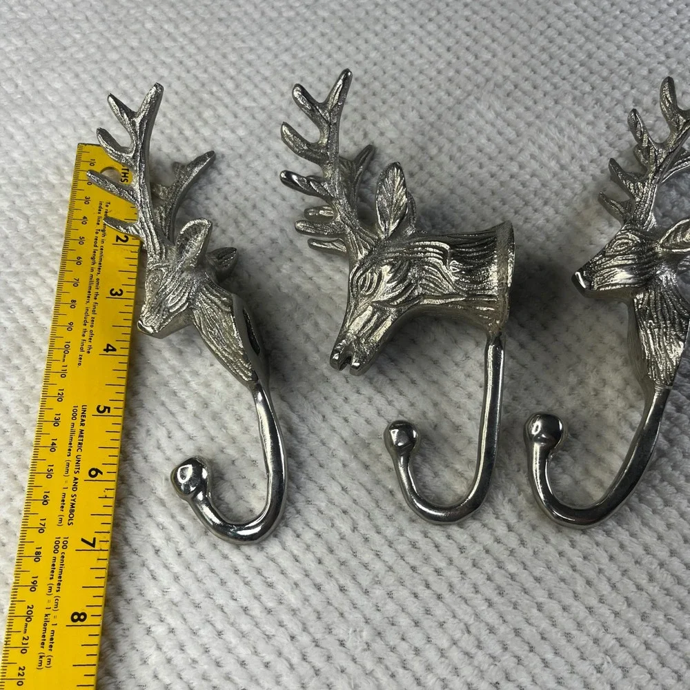 Silver Metal Stag‎ Head Wall Hooks Set of 3 Deer Antler Rustic Lodge Decor